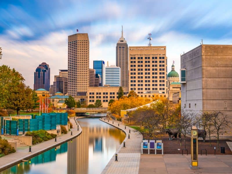 Indianapolis skyline and canal district illustrating the urban environment where land surveying supports property development and infrastructure planning