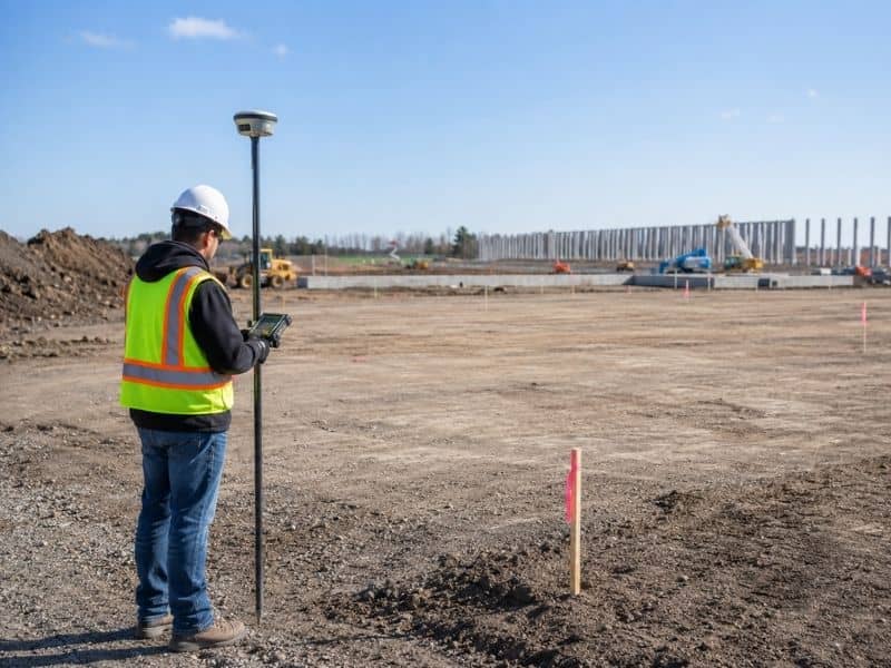 Surveyor measuring the finished grade of a distribution building pad before foundation work begins.