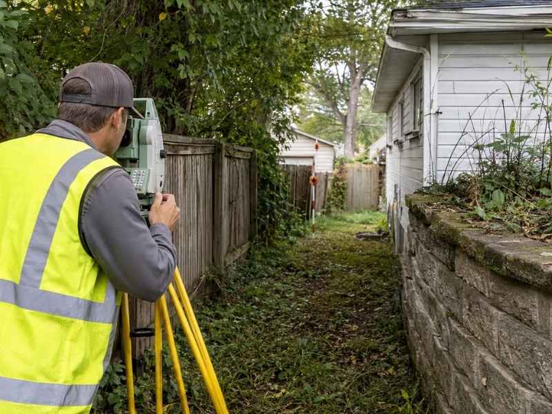 Boundary survey of an older Indianapolis, Indiana property with mature landscaping, tight side yard access, an aging fence, retaining wall, and survey equipment.
