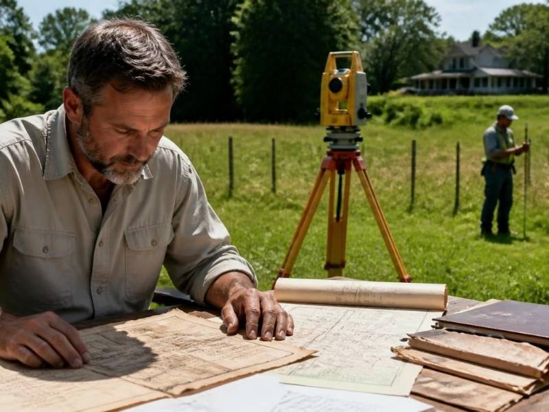 land surveyor reviewing historical property records and maps while conducting a boundary survey in Indianapolis Indiana