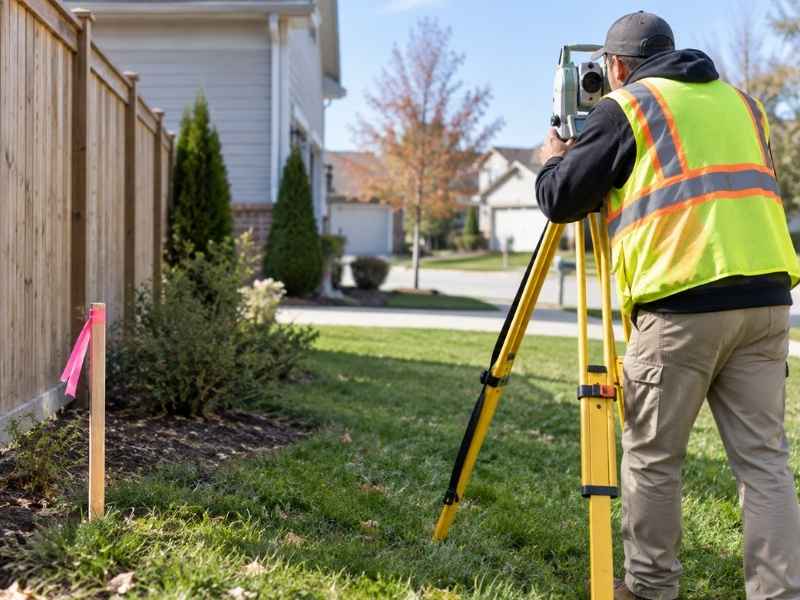 Boundary survey being performed beside a residential property in Indianapolis, Indiana